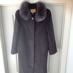 Dark purple muave full length long coat Fur detachable collar